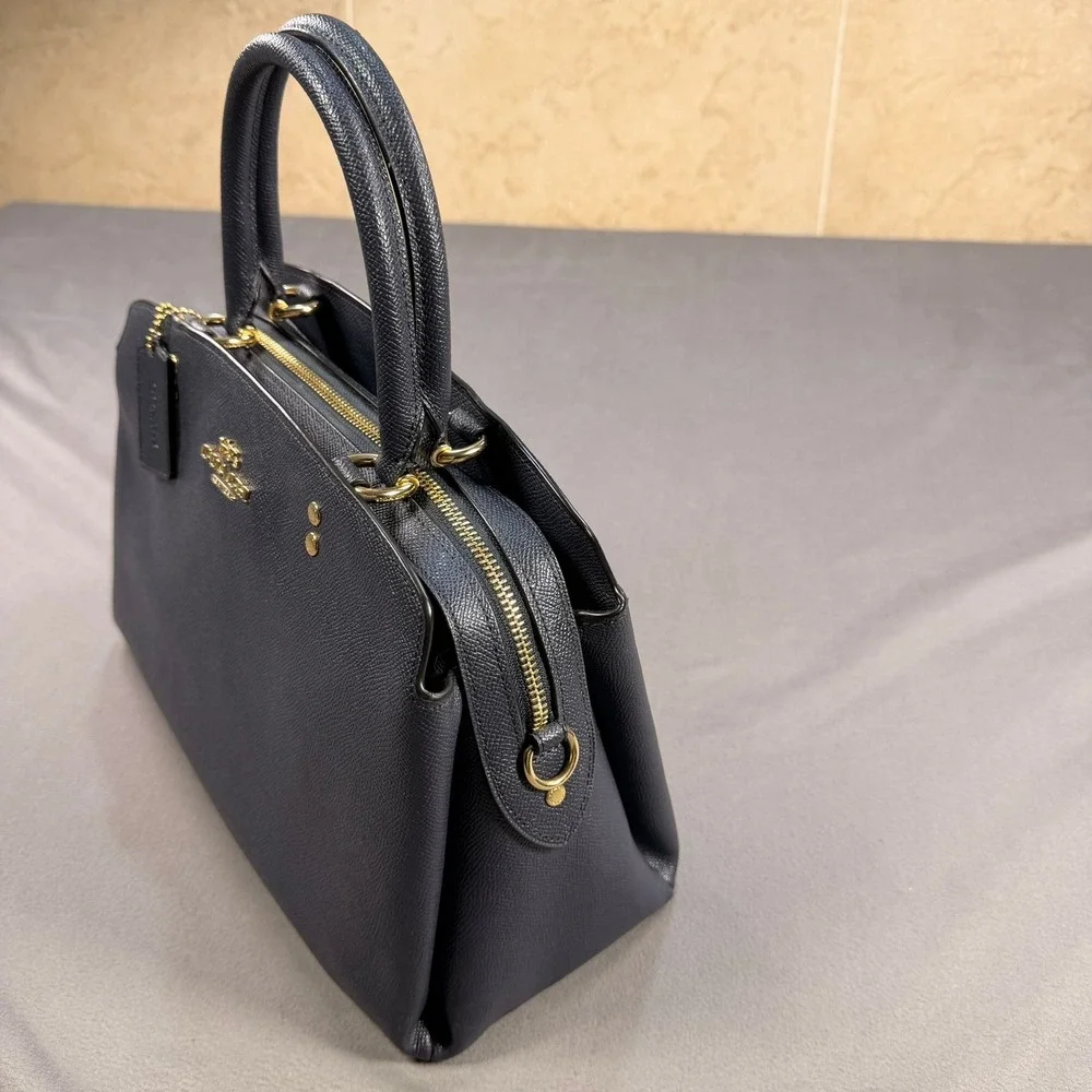 Coach Lillie Carryall Satchel Crossgrain Leather Dark Navy Gold Hardware 91493
